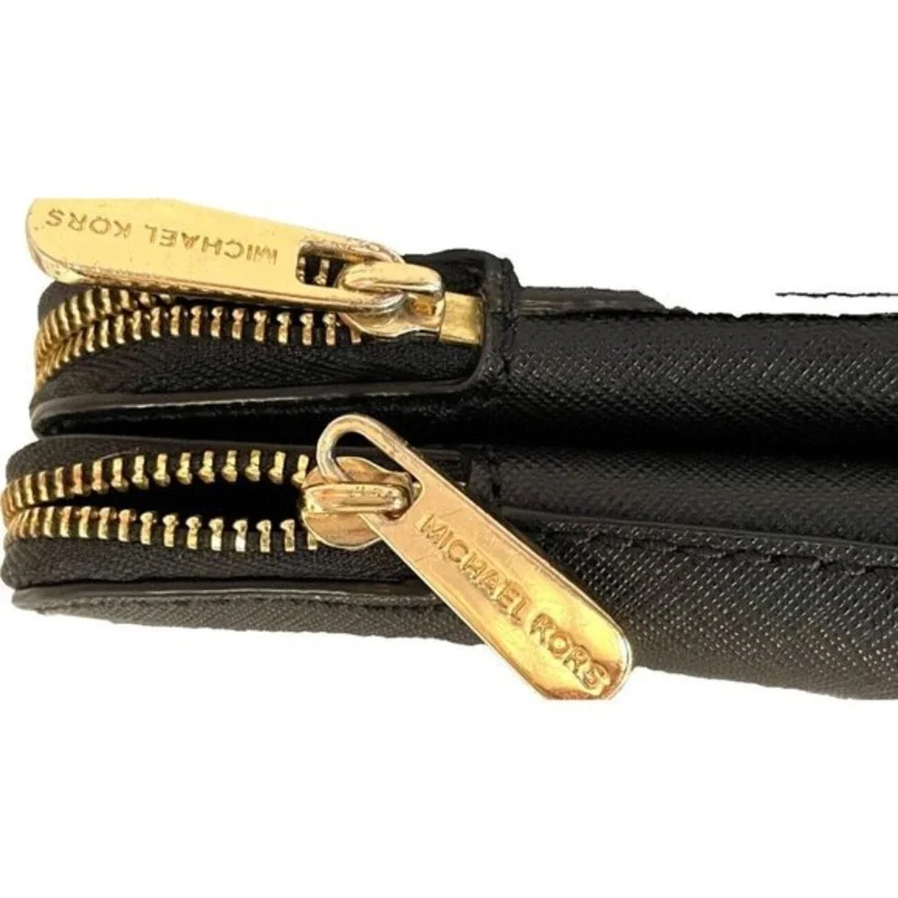 Michael Kors Black Leather Double Zip Wristlet‎ Wallet Clutch Purse Gold Tone